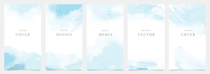 Wall Mural - watercolor art background cover template set. wallpaper design with paint brush, blue color, brush s