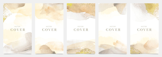 Wall Mural - Watercolor art background cover template set. Wallpaper design with paint brush, beige, brush stroke, pastel, gold texture. Earth tone illustration for prints, wall art and invitation card, banner.
