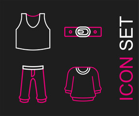 Sticker - Set line Sweater, Pants, Belt and Undershirt icon. Vector