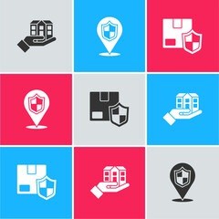 Canvas Print - Set House in hand, Location shield and Delivery security with icon. Vector