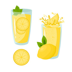 Wall Mural - Lemon fruit. Lemonade, juice in a glass. Vector set in flat style