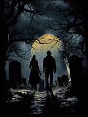 Wall Mural - A pair of figures walking through a cemetery their faces illuminated by the haunting glow of the full moon. Gothic art. AI generation.