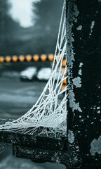 Vertical macro shot of the frosted spiderweb on a cold day outdoors