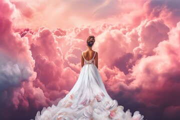 back side portrait of beautiful bride in white wedding dress walking among cloud, idea for religion concept bride of god, romantic gradient evening sky, Generative Ai