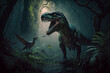 A fantastic blend of a raptor and t-rex dinosaur in a dark forest, Generative Ai