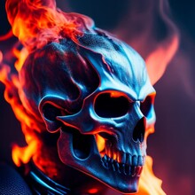 Ghost Rider, Flaming Head, Realistic Fire, Sparks, Volumetric Lighting, Flaming Skull, Marvel Ghost Rider, Blue Flames, No Eyes