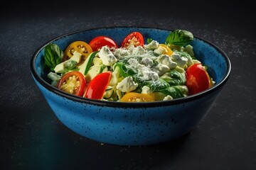 Wall Mural - The View From In Front Of Tomatoes, cucumbers, and cheese over a dark blue backdrop make up this savory salad. Generative AI