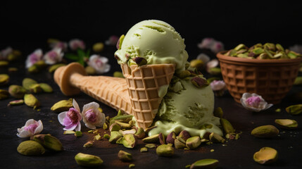 Wall Mural - Pistachio ice cream with green pistachio nuts Generative AI