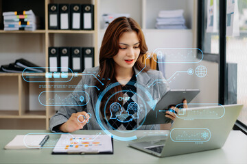 woman using chat bot in smartphone intelligence ai. chat with ai artificial intelligence, developed 