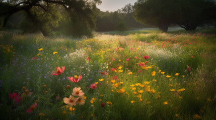 Canvas Print - A peaceful meadow with colorful wildflowers and gent Generative AI