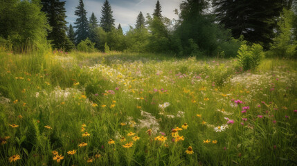 Poster - A peaceful meadow with colorful wildflowers and gent Generative AI