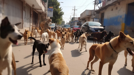 Sticker - A pack of stray dogs roaming the streets in search Generative AI