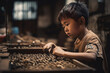 Sad little asian boy in work clothes working hard on industrial factory at night against blurred background with copy space left.