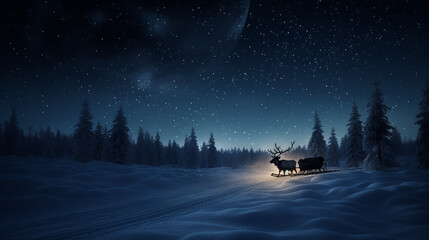 Poster - A sleigh pulled by reindeer flying in the night sky Generative AI