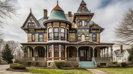 Wall Mural - A Victorian mansion with a wrap-around porch and sta Generative AI