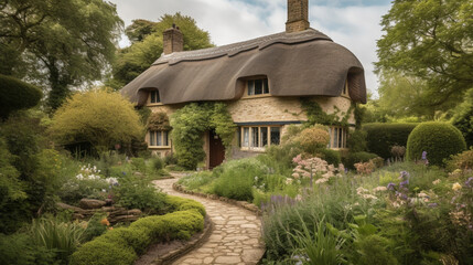 Sticker - A charming Tudor style cottage with a thatched roof Generative AI