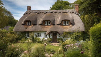 Poster - A charming Tudor style cottage with a thatched roof Generative AI