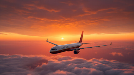 Poster - A commercial airliner flying over an orange-red suns Generative AI