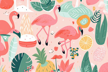 seamless vector tropical summer pattern background with tropical palm leaves, flamingo, fruit. Perfect for wallpapers, web page backgrounds, surface textures, textile. Ai generative