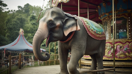 Canvas Print - Elephant at an amusement park Generative AI