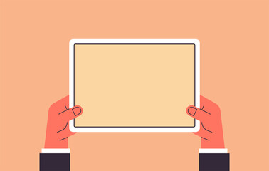 Hand holding tablet computer with blank screen and using digital tablet pc screen view flat illustration.	
