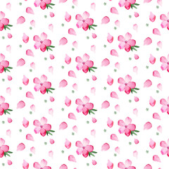 Seamless floral pattern with pink flowers and petals, hand painted with watercolor. Romantic elegant design can be used for textile, packaging, napkins decorations and for weddings or party invitation