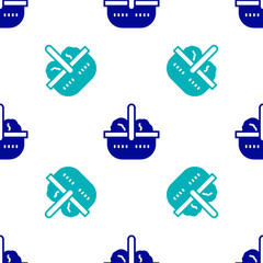 Sticker - Blue Shopping basket and food icon isolated seamless pattern on white background. Food store, supermarket. Vector