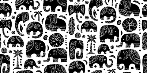 Poster - Elephant family, ethnic ornament. Seamless pattern for your design