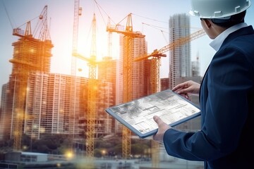 Engineer and Architect analyzing of under construction project with technology and new innovation on digital tablet and icon network of construction on a virtual interface