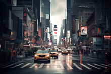 Cinematic Fifth Avenue Rainy Night - Traffic And Taxis In New York City, Generated AI