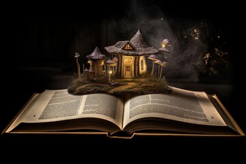 enchanted magic fairytale book with fantasy scene pop up on page, little cottage in forest with mist mysterious atmosphere, Generative Ai