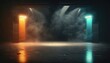 © QuietWord - blue orange spotlights shine on stage floor in dark room, idea for background backdrop, music hall or studio, Generative Ai