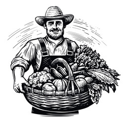 Happy farmer with hat with freshly picked vegetables in basket. Fresh organic farm food. Sketch vector illustration