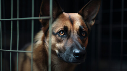 Canvas Print - Dog in a sad cage Generative AI