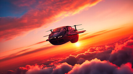 Wall Mural - A mesmerizing view of a futuristic flying car, hovering above the clouds at sunset