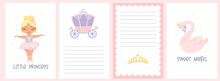 Baby Shower Template Set. Cute Beautiful Princess, Ballerina, Swan With Crown, Carriage, Princess Crown. Pink Template For Girls 