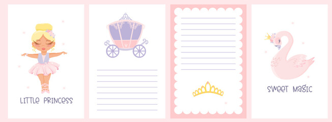 Baby shower template set. Cute beautiful princess, ballerina, swan with crown, carriage, princess crown. Pink template for girls 