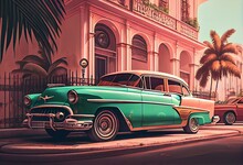 Digital Poster Illustration Of Vintage Cuban Cars In The Street. Exotic And Tropical Pastel Colours In A 50's Themed Caribbean Automobile Concept Art. Street Traffic Of Cuba, Havana. Generative AI