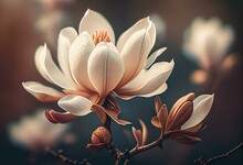 Closeup Of Blooming Magnolia Tree In Spring On Pastel Bokeh Background. Generative AI