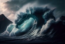 Big Ocean Wave Crashing Near The Coast. Beautiful Nature Background. Generative AI