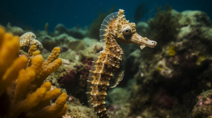 Wall Mural - A seahorse swimming in a coral reef Generative AI