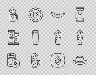 Poster - Set line Metal beer keg, Oktoberfest hat, Sausage, Glass of, Wooden mug, Bottle opener, Hop and icon. Vector