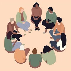 A simple flat illustration of a support group meeting, with diverse individuals sharing their mental health experiences in a circle, comforting color scheme. generative ai