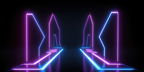 Wall Mural - Neon arrows against black background, light purple and sky blue hues in vibrant stage backdrop style, gamercore theme, 2:1 aspect ratio. Generative AI illustration