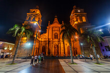 Cathedral Basilica of St. Lawrence at nighttime, Santa Cruz de la Sierra, Bolivia