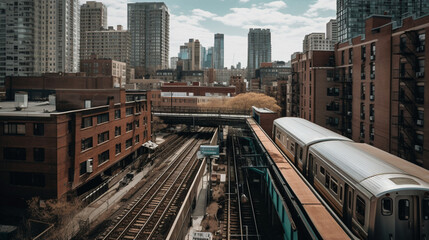 Wall Mural - A cityscape seen from the top of an elevated train Generative AI