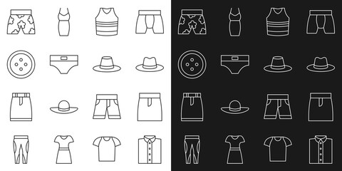 Sticker - Set line Shirt, Skirt, Man hat, Undershirt, Men underpants, Sewing button for clothes, Swimming trunks and icon. Vector