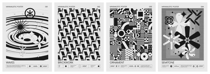 Abstract modern geometric vector Minimalistic Posters with simple shapes in black and white and silhouette of basic geometric figures, composition graphic design, set 21