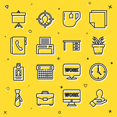 Poster - Set line Hand for search a people, Clock, Plant in pot, Cup of tea with tea bag, Printer, Address book, Chalkboard diagram and Office desk icon. Vector