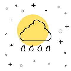 Poster - Black line Cloud with rain icon isolated on white background. Rain cloud precipitation with rain drops. Random dynamic shapes. Vector